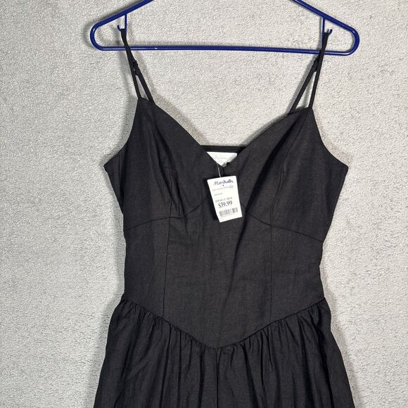 NWT House Of Harlow Sz S Black Midi Dress Linen Blend Sweetheart Bustier Bodice - Picture 2 of 16